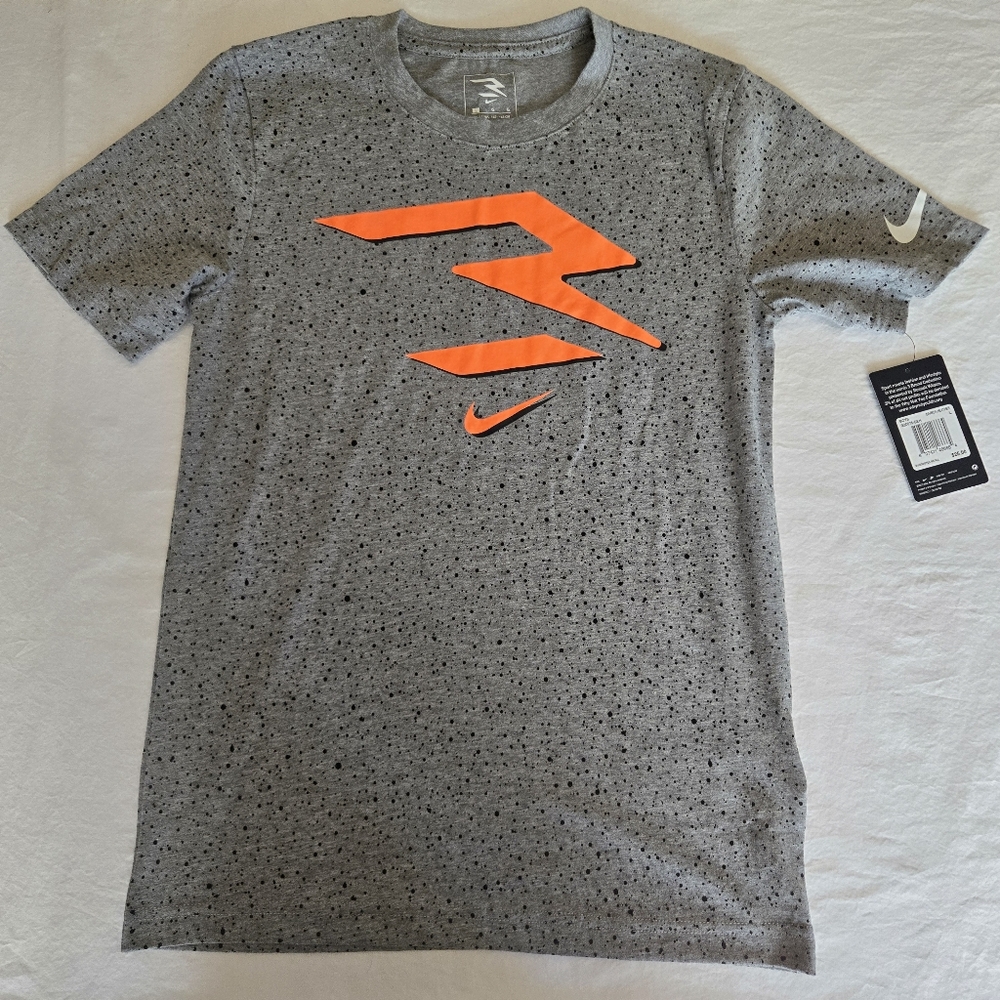 NWT Nike 3BRAND Boys Gray Speckled Short-Sleeve Tee with Bright Orange Logo, YLG